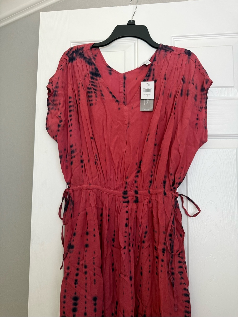 J Jill Women’s Tie-Dye Red Midi Dress with Drawstring Waist - Picture 2 of 6